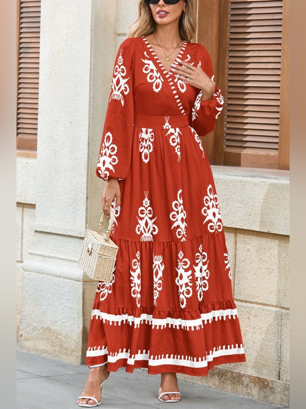 Embroidered Rust Red Maxi Dress with V-Neck